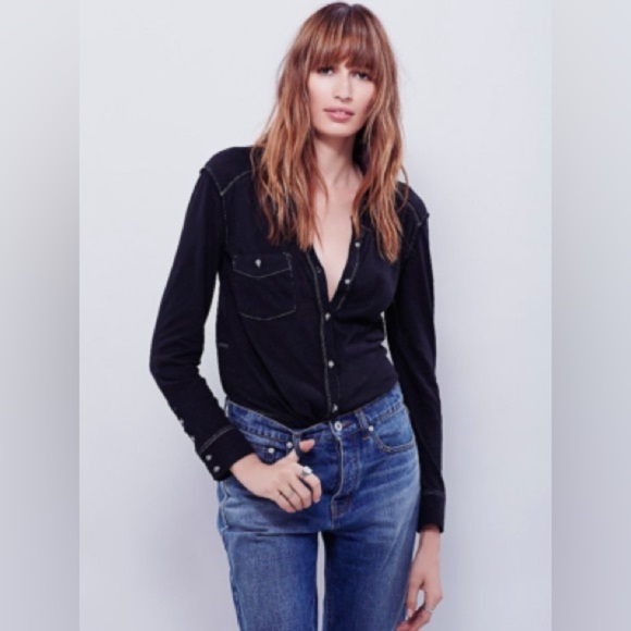 We The Free Black Caroline Contrast Stitch Button Down Shirt - Picture 1 of 12